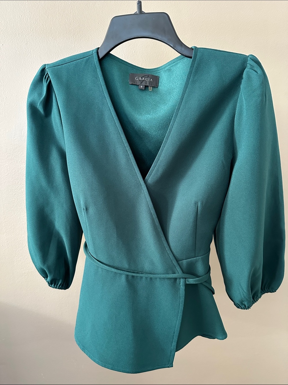 Gracia Emerald Wrap Blouse with Puff Sleeves